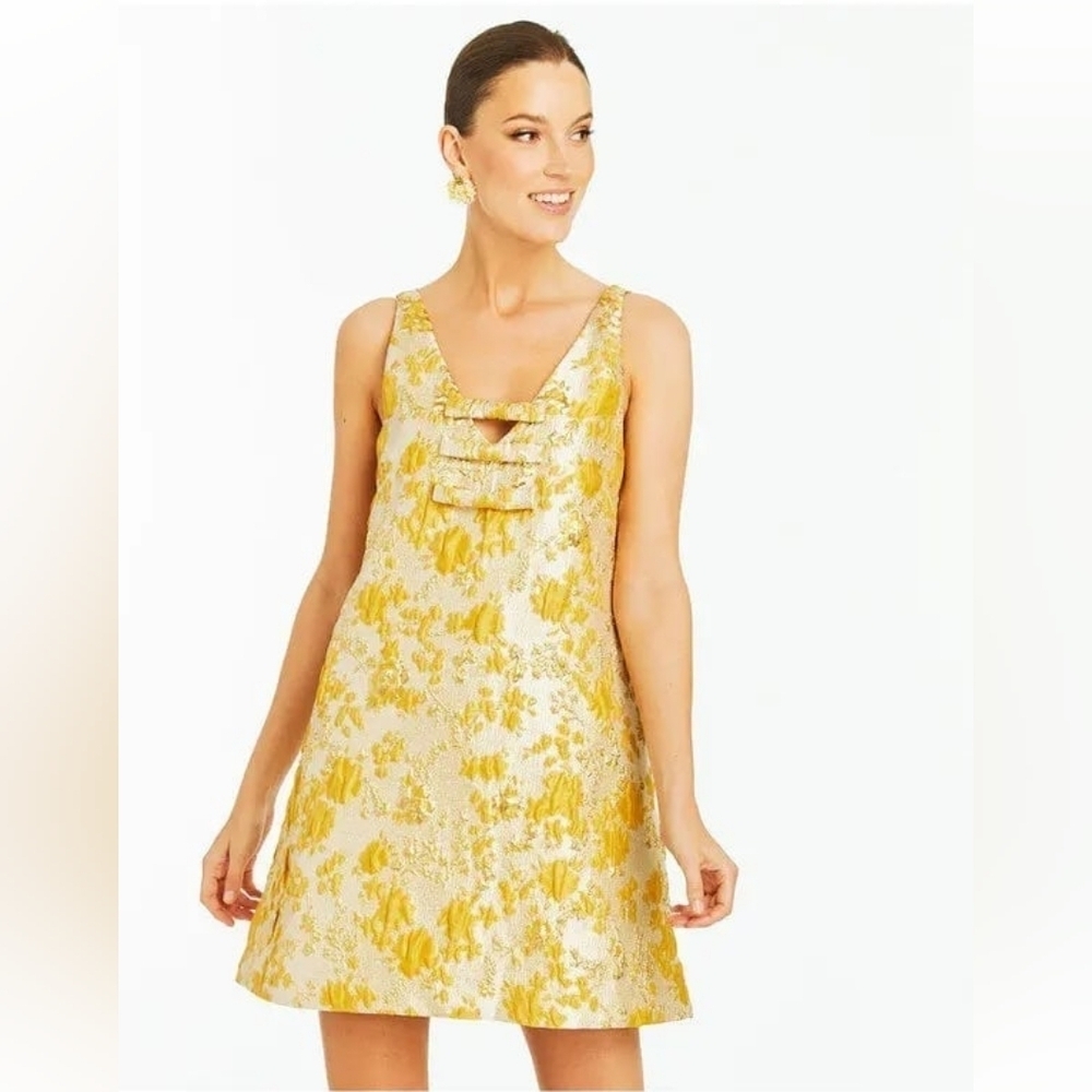 Mestiza New York Gold Metallic Elmarie V Neck Mini Bow Dress, Size 2 Nwt